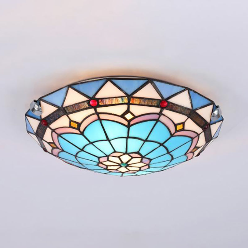 Baroque Bowl Flush Mount Stained Glass Ceiling Light In Blue/Blue-Brown - 12/16/19.5 Wide