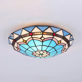 Baroque Bowl Flush Mount Stained Glass Ceiling Light In Blue/Blue-Brown - 12/16/19.5 Wide