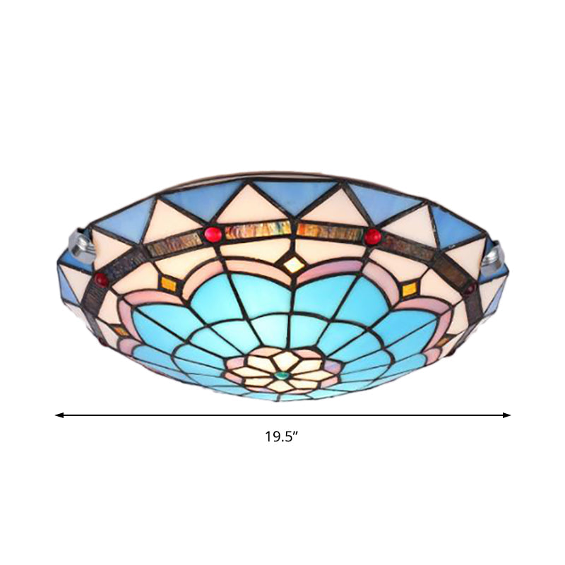 Baroque Bowl Flush Mount Stained Glass Ceiling Light In Blue/Blue-Brown - 12/16/19.5 Wide