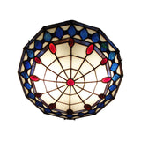 Vintage Tiffany Style Stained Glass Flush Ceiling Light - 3 Lights Art Deco Design Rhombus Pattern