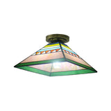 Craftsman Stained Glass Mini Flush Mount Light - Pink/Orange Pyramid Design For Kitchen