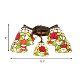 Lodge Style Stained Glass Rose Semi Flushmount With 5 Heads For Living Room - Clear/White Flush