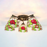 Lodge Style Stained Glass Rose Semi Flushmount With 5 Heads For Living Room - Clear/White Flush