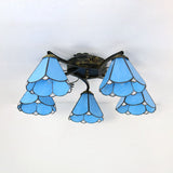 Blue Glass Cone Tiffany Style Semi Flush Ceiling Light With Flower Accents - Ideal For Living Room
