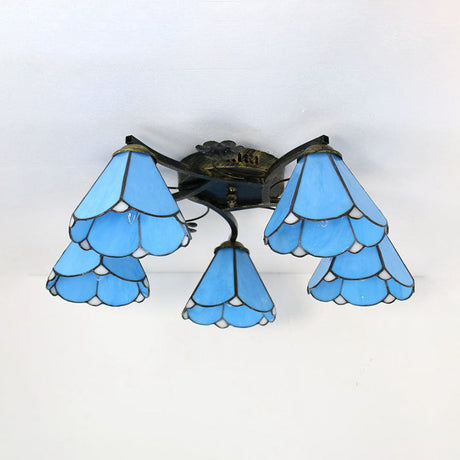 Blue Glass Cone Tiffany Style Semi Flush Ceiling Light With Flower Accents - Ideal For Living Room