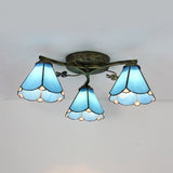 Blue Glass Cone Tiffany Style Semi Flush Ceiling Light With Flower Accents - Ideal For Living Room