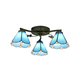 Blue Glass Cone Tiffany Style Semi Flush Ceiling Light With Flower Accents - Ideal For Living Room
