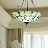 Retro Style Stained Glass Bowl Pendant Chandelier In Beige With Leaf Pattern - Ideal For Dining Room
