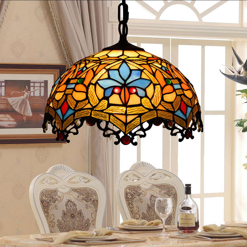 Victorian Stained Glass Domed Pendant Lamp With Black Chain For Staircase Yellow
