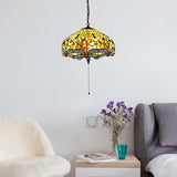 Tiffany-Style Dragonfly Domed Pendant Light - Yellow Stained Glass 2 Bulbs Suspended Lighting