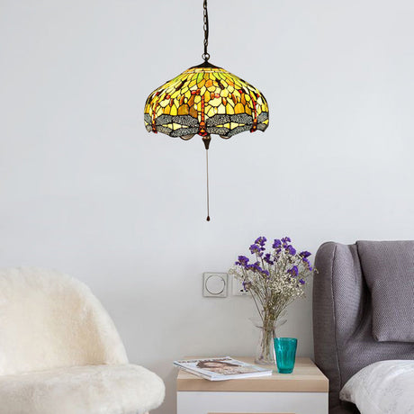 Tiffany-Style Dragonfly Domed Pendant Light - Yellow Stained Glass 2 Bulbs Suspended Lighting