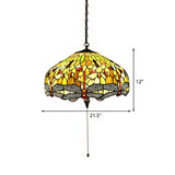 Tiffany-Style Dragonfly Domed Pendant Light - Yellow Stained Glass 2 Bulbs Suspended Lighting