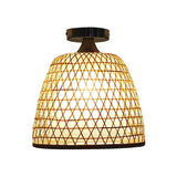 Lodge Style Bamboo Bucket Shade Semi Flush Light - Stylish Beige Ceiling Lighting For Corridor