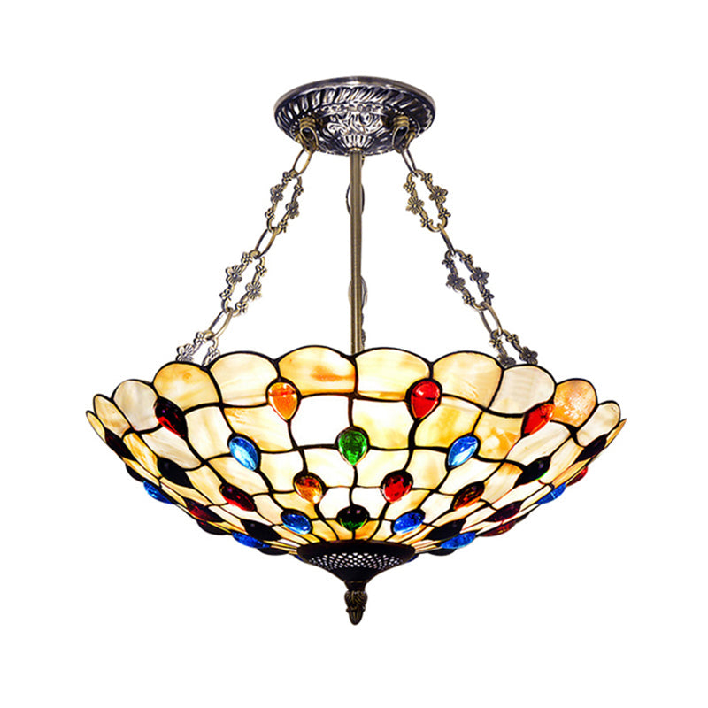 Stained Glass Semi Flush Ceiling Light Fixture With Retro Jewel Pattern - Beige/Clear/Yellow Tones