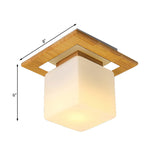 Modern Wood Square Semi Flush Mount Light With Milk Glass Shade
