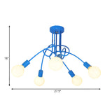 Contemporary Curved Arm Metal Semi Flush Ceiling Lamp - Blue/Red (3/5 Lights)