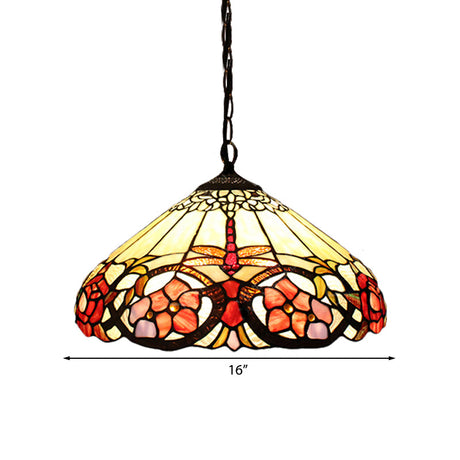 Baroque Beige Stained Glass Pendant Light With Cone Shade