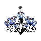Victorian Stained Glass Chandelier - Multi-Head Tiffany Ornate Design In Brown/Blue For Hotels