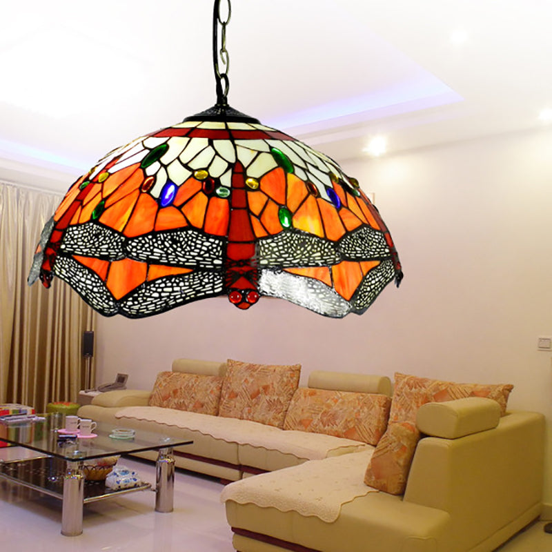 Dragonfly Hand-Cut Glass Ceiling Light With Victorian Style 2 Heads And Orange Finish - Suspended