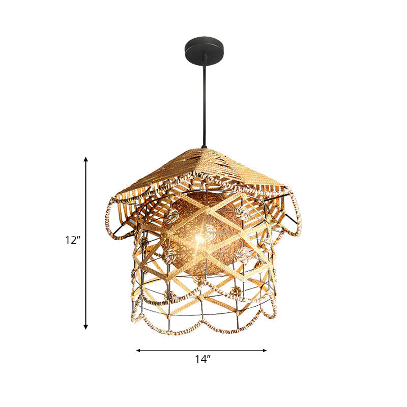 Asian Style Beige Pendant Light With Metal & Rope - Ideal For Cottage Decor