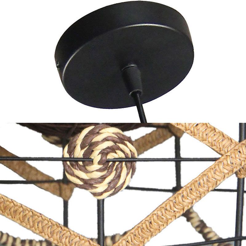 Asian Style Beige Pendant Light With Metal & Rope - Ideal For Cottage Decor