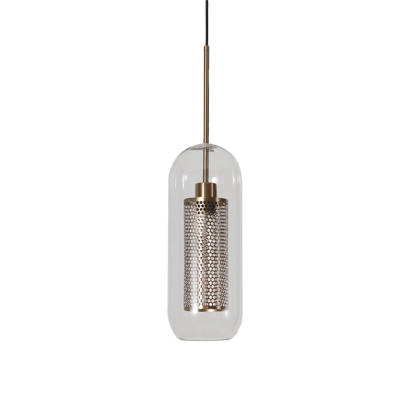Modern Clear Glass Hanging Light With Mesh Screen For Balcony - Capsule Shape
