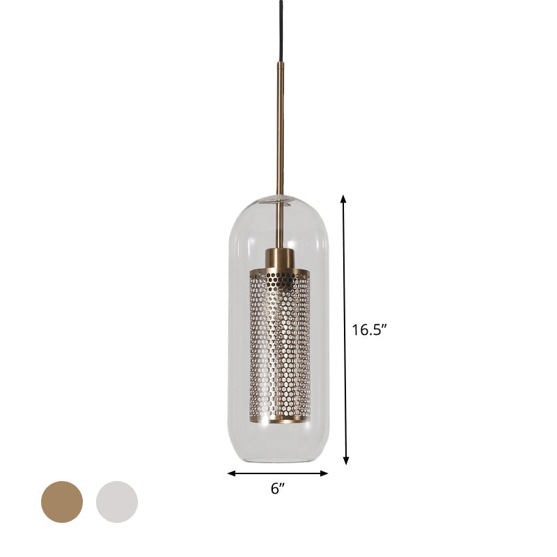 Modern Clear Glass Hanging Light With Mesh Screen For Balcony - Capsule Shape