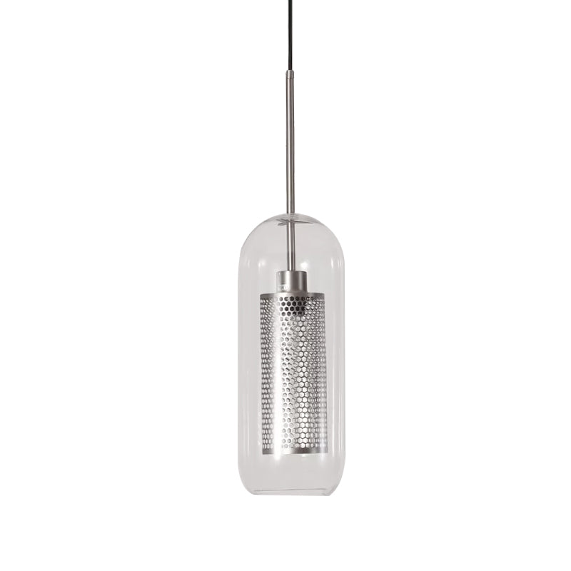 Modern Clear Glass Hanging Light With Mesh Screen For Balcony - Capsule Shape