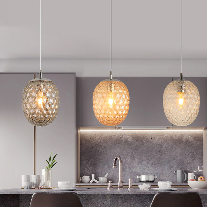 Modern Pineapple Shaped Pendant Light With Hammered Glass Dining Table Lighting Amber