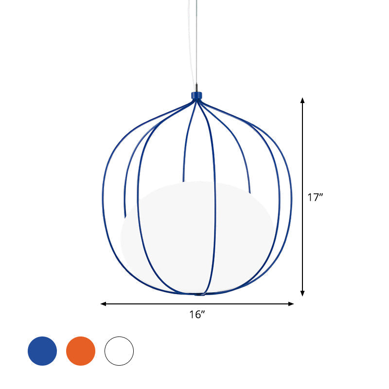 Modern Pendant Light With Milk Glass Shade And Melon Wire Frame - Ideal For Offices
