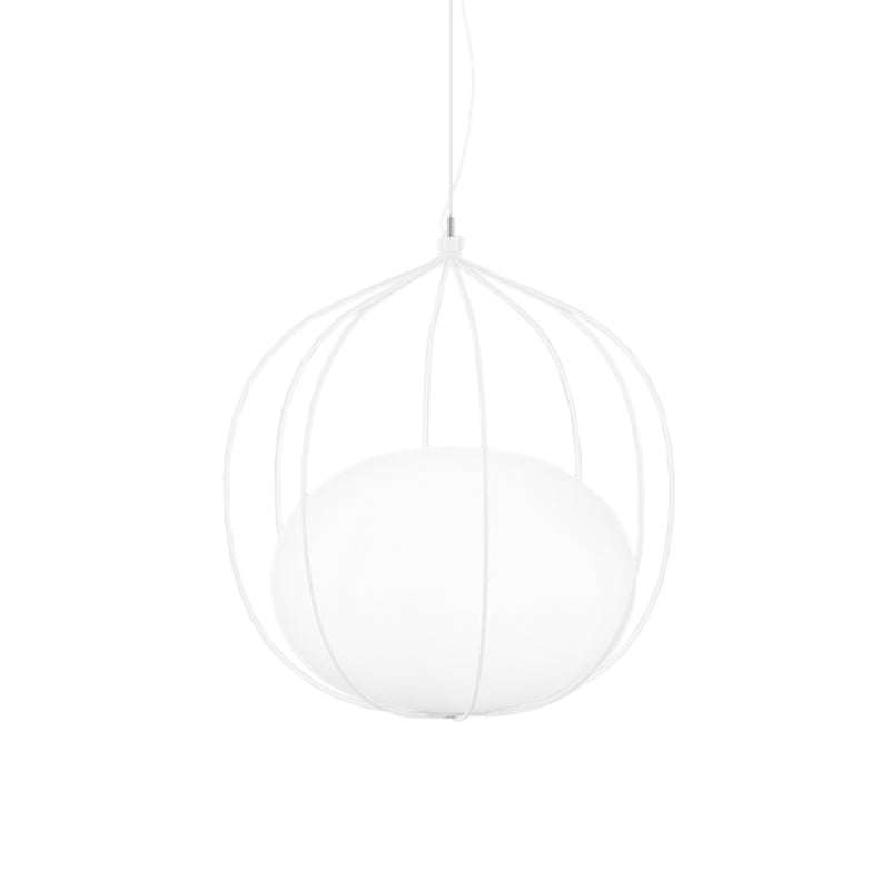 Modern Pendant Light With Milk Glass Shade And Melon Wire Frame - Ideal For Offices