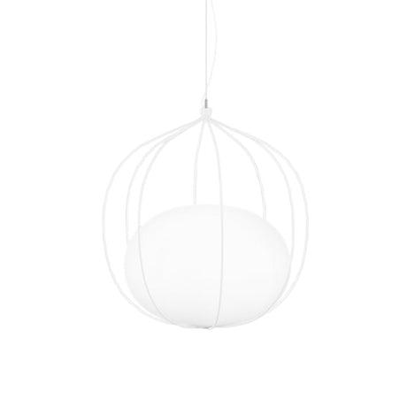 Modern Pendant Light With Milk Glass Shade And Melon Wire Frame - Ideal For Offices
