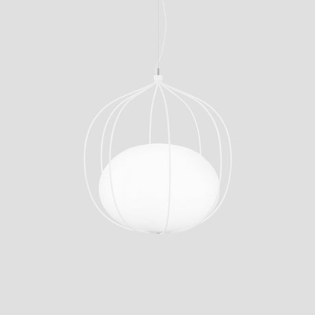Modern Pendant Light With Milk Glass Shade And Melon Wire Frame - Ideal For Offices
