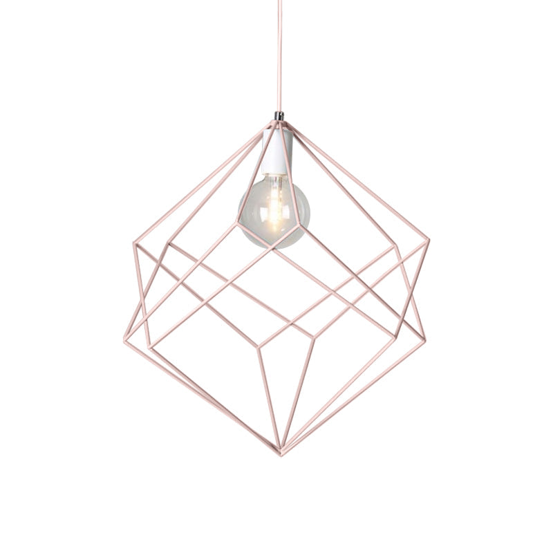 Macaron Cube Cage Pendant Light - Stylish Iron Undertint Hanging Lamp For Dining Table And Hallway