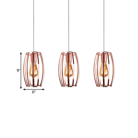 Iron Copper Hanging Lamp With Oval Cage Shade - Industrial Style Ceiling Fixture 3 Bulbs For Bedroom