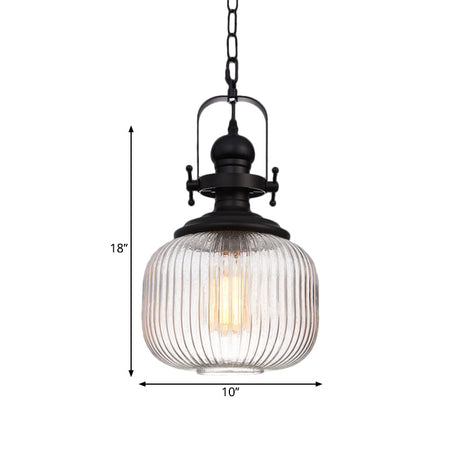 Industrial Striped Glass Ceiling Pendant Light For Living Room - Black Cylinder/Oval Shape 1-Light