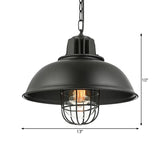 Vintage Metallic Dome Hanging Lamp With Wire Cage - 1 Bulb Restaurant Light In Black/White