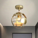 Stylish Metal Semi-Mount Ceiling Fixture With Brass Finish - 1 Bulb Bedroom Lighting In
