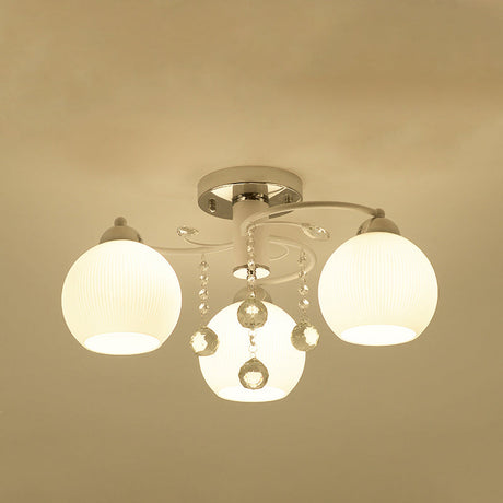 Traditional White Glass Ceiling Lamp With Crystal Draping - 3/5 Head Flush Mount