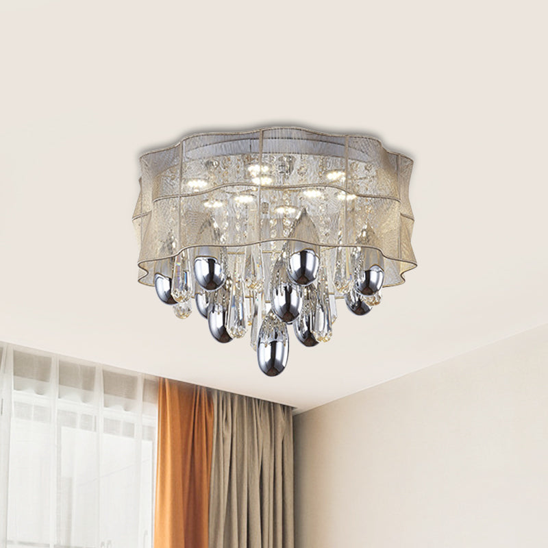 Led Flush Mount Beige Sheer Ceiling Lamp With Crystal Droplet - 20/25.5 Wide