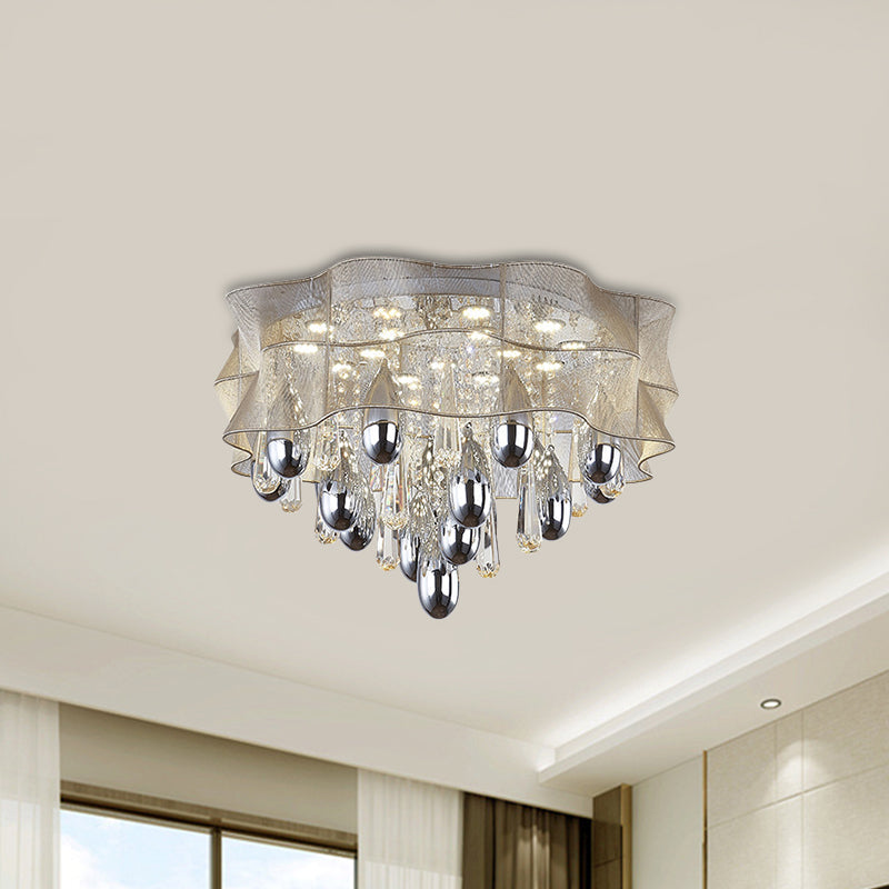 Led Flush Mount Beige Sheer Ceiling Lamp With Crystal Droplet - 20/25.5 Wide