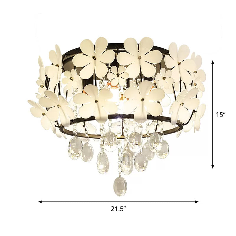 Black Drum Flush Mount Light With Nordic K9 Crystal Ball And Petal Decoration - Bedroom Ceiling Lamp