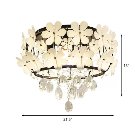 Black Drum Flush Mount Light With Nordic K9 Crystal Ball And Petal Decoration - Bedroom Ceiling Lamp