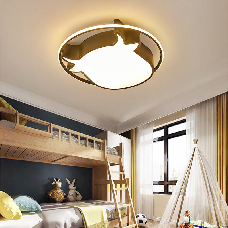 Animal-Inspired Ring Kids Flush Ceiling Light: Eye-Caring Ox Head Acrylic Lamp Black / Third Gear