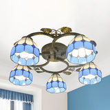 Tiffany Art Glass Ceiling Lamp - Lattice Domed Mount Light (5/9 Lights) In Blue/Sky Blue For Cloth