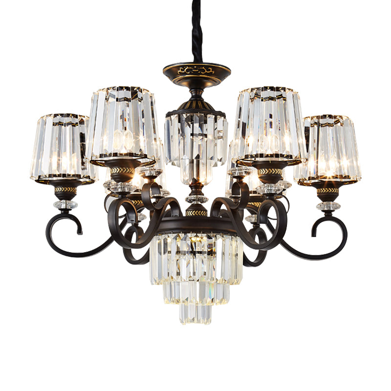 Minimalist 3-Tier Crystal Rectangle Chandelier With Conical Black Shade 3/6 Lights - Ceiling