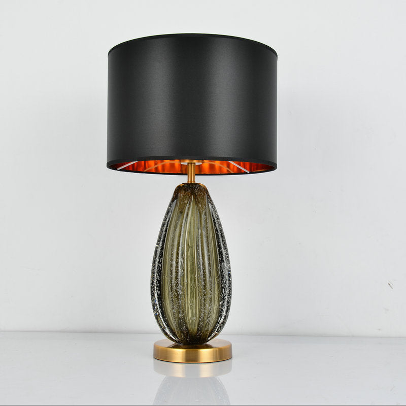 Vintage Hand-Worked Green Bubble Glass Table Lamp With Flaxen Fabric Shade