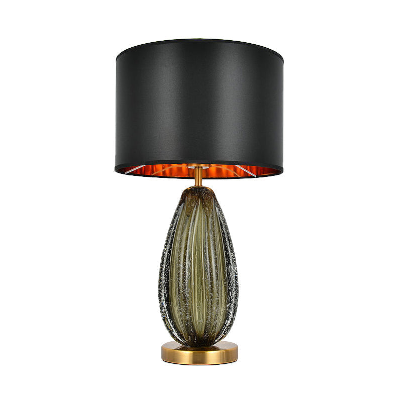 Vintage Hand-Worked Green Bubble Glass Table Lamp With Flaxen Fabric Shade