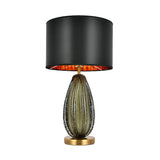 Vintage Hand-Worked Green Bubble Glass Table Lamp With Flaxen Fabric Shade