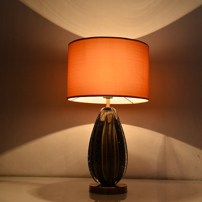 Vintage Hand-Worked Green Bubble Glass Table Lamp With Flaxen Fabric Shade Gold